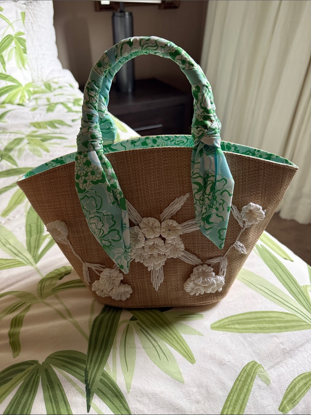 Woven Straw Tote Lili Pulitzer with Green Floral Handles and White Floral